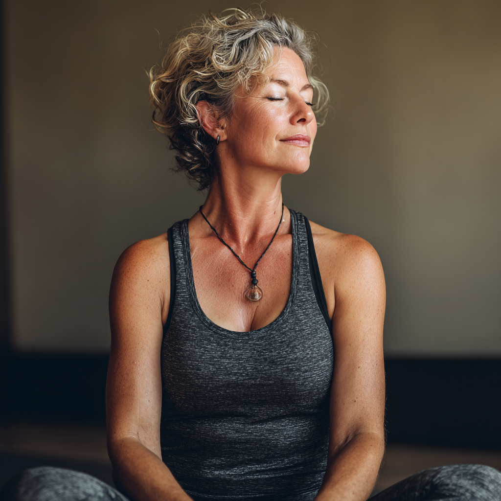 Middle-aged woman practicing gentle yoga stretches in a calm studio environment